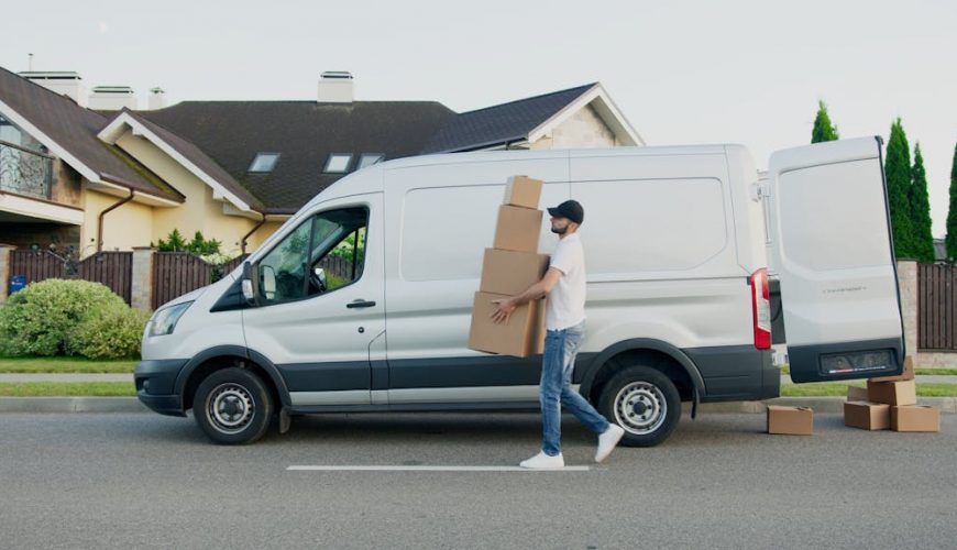 Man Carrying Boxes Beside a Van